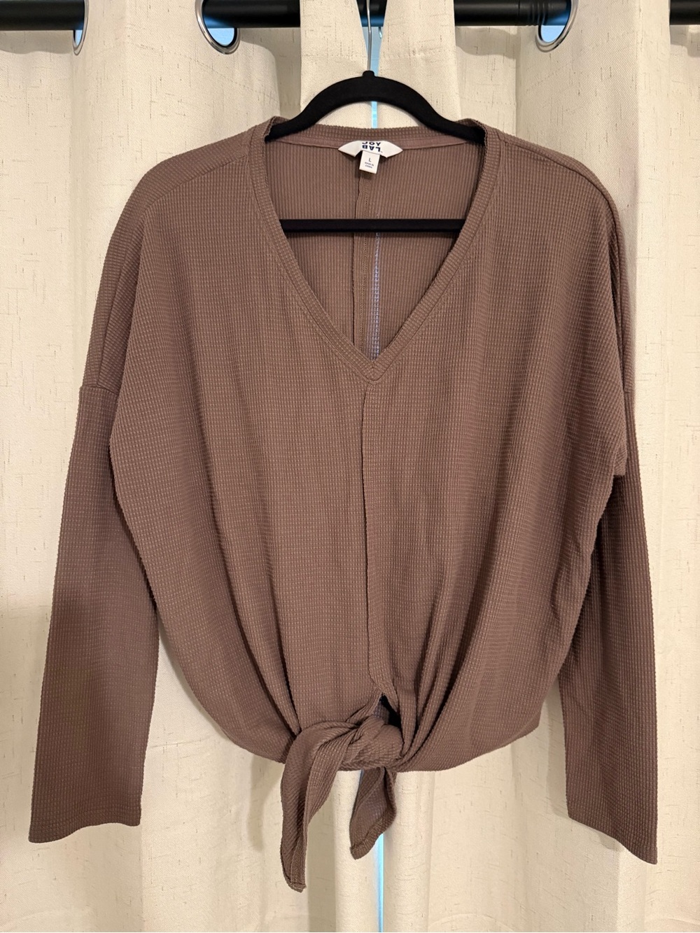 JoyLab Waffle Knit V-Neck Tie Front Top - Taupe